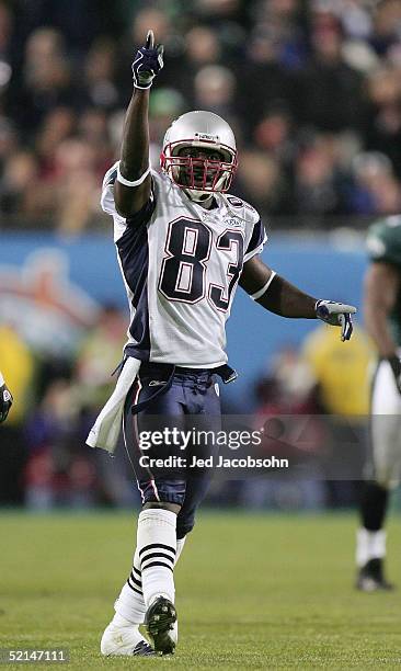 Wide receiver Deion Branch of the New England Patriots celebrates after catching a 17-yard pass against the Philadelphia Eagles during the third...