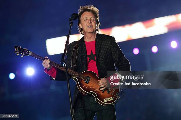 Singer Paul McCartney performs during the Super Bowl XXXIX halftime show at Alltel Stadium on February 6, 2005 in Jacksonville, Florida.