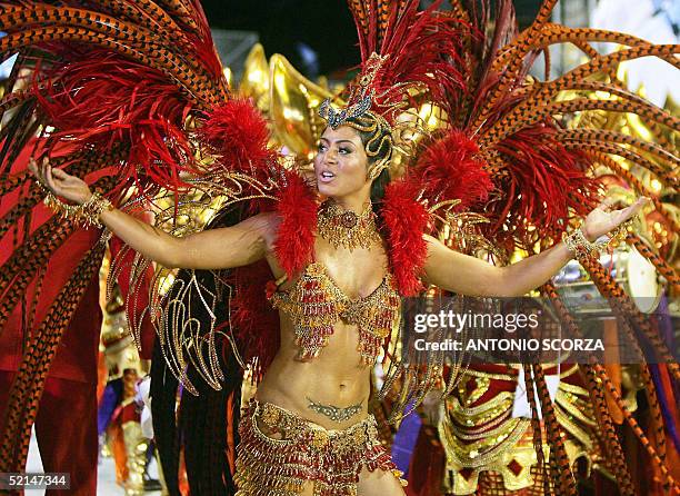 Carol Castro, Queen of the Drums of samba school Salgueiro, performs 06 February in Rio de Janeiro's Sambodrome during the opening of the traditional...