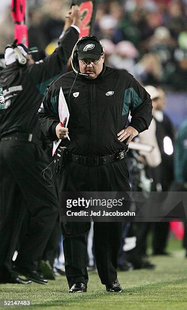 Head coach Andy Reid of the Philadelphia Eagles during the fourth quarter of Super Bowl XXXIX against the New England Patriots at Alltel Stadium on...