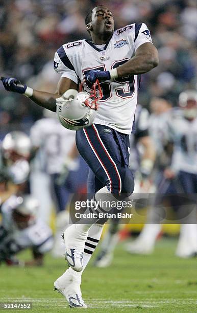 Linebacker Rosevelt Colvin of the New England Patriots celebrates after defeating the Philadelphia Eagles in Super Bowl XXXIX at Alltel Stadium on...