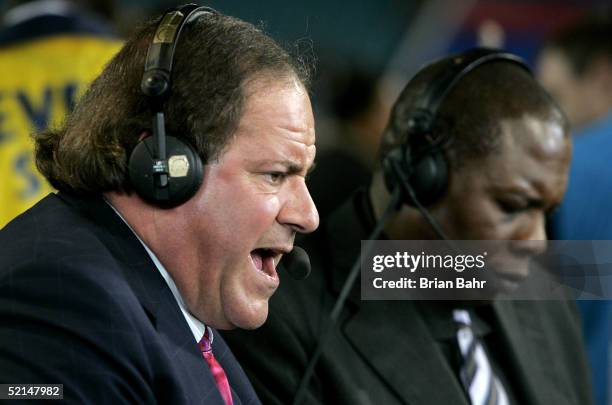 Commentators Chris Berman and Tom Jackson speak after the New England Patriots defeated the Philadelphia Eagles in Super Bowl XXXIX at Alltel Stadium...