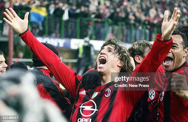 Hernan Crespo of AC Milan celebrates a goal during the Italian Serie A football match against February 6, 2005 at San Siro stadium in Milan, Italy.