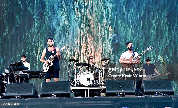 Edwin Congreave, Jimmy Smith, Jack Bevan, Yannis Philippakis and Walter Gervers of Foals perform onstage during day 1 of the 2016 Coachella Valley...