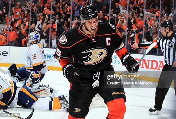 Ryan Getzlaf of the Anaheim Ducks celebrates his first period goal against Pekka Rinne of the Nashville Predators during Game One of the Western...