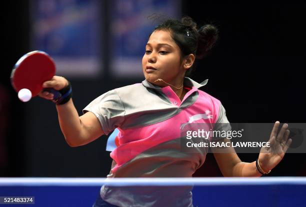 Das Mouma of India returns the ball during stage two of the women's singles final match against North Korear Ri Myong Sun at the Asian Table Tennis...