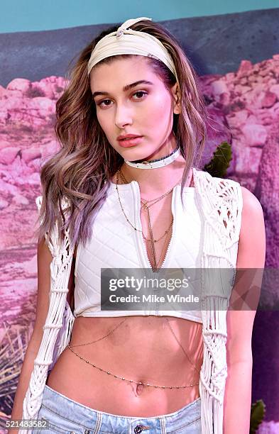 Model Hailey Baldwin attends the H&M Loves Coachella Pop UP at The Empire Polo Club on April 15, 2016 in Indio, California.