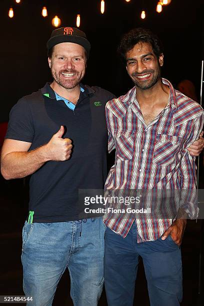Actors Will Hall and Monish Anand attend a screening of "Eddie the Eagle" at Hoyts Sylvia Park on April 16, 2016 in Auckland, New Zealand.