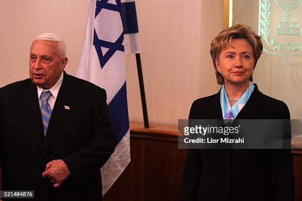 Senator Hillary Rodham Clinton during a meeting with Israeli Prime Minister Ariel Sharon in his office in Jerusalem Sunday November 13, 2005. The...