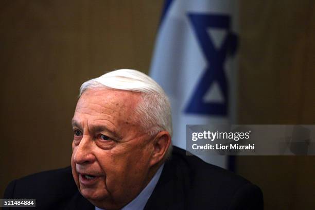 Israeli Prime Minister Ariel Sharon speaks during the newly-established Kadima party meeting in the Knesset, the Israeli parliament, in Jerusalem...