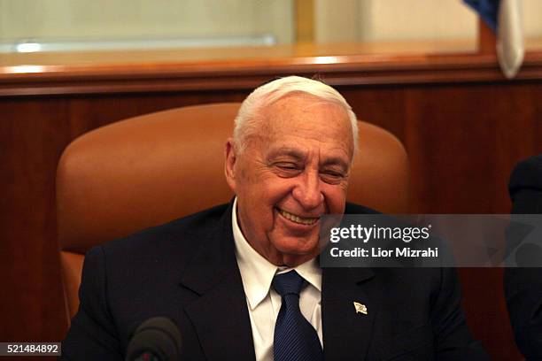 Israeli Prime minister Ariel Sharon smiles as he takes part in the lighting of the second Hanukkah candle, at his Jerusalem office Monday Dec. 26,...