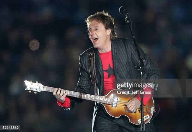 Singer Paul McCartney performs during the Super Bowl XXXIX halftime show at Alltel Stadium on February 6, 2005 in Jacksonville, Florida.