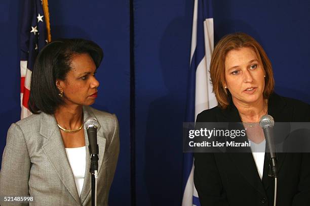 Israeli Foreign Minister Tzipi Livni, right, meets with US Secretary of State Condoleezza Rice at the David Citadel Hotel in Jerusalem, July 24,...