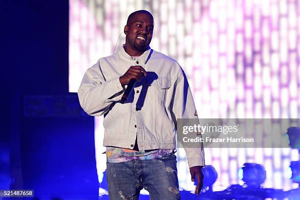 Hip-hop artist Kanye West performs onstage during day 1 of the 2016 Coachella Valley Music & Arts Festival Weekend 1 at the Empire Polo Club on April...