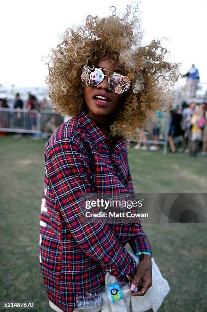 Music fan attends day 1 of the 2016 Coachella Valley Music & Arts Festival Weekend 1 at the Empire Polo Club on April 15, 2016 in Indio, California.