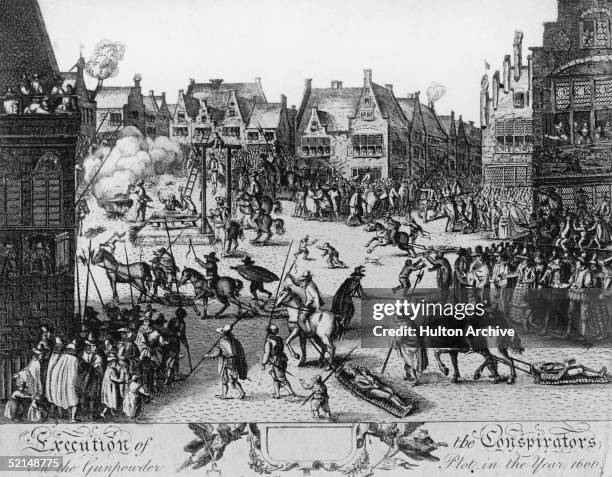 Guy Fawkes and his co-conspirators in the Gunpowder Plot of 1605 are publicly hung, drawn and quartered, the standard punishment for treason, 31st...