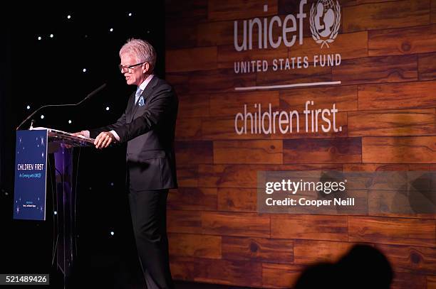 Pier 1 Imports CEO and recipient of the 'Children First' award Alex Smith speaks at the Children First. An Evening With UNICEF on April 15, 2016 in...