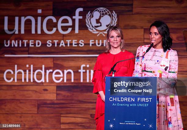 Event Co-Chair/Southwest Regional Board Vice Chair Joyce Goss and UNICEF Co-Chair Jessica Nowitzki speaks at the Children First. An Evening With...