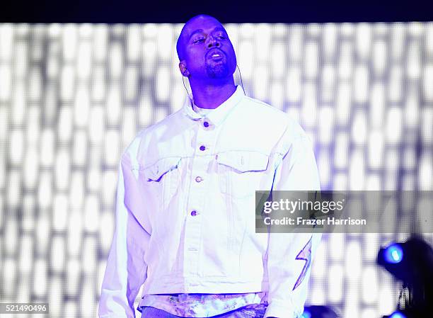 Rapper Kanye West performs onstage with A$AP Rocky during day 1 of the 2016 Coachella Valley Music & Arts Festival Weekend 1 at the Empire Polo Club...