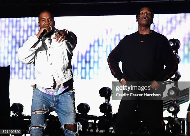 Rappers Kanye West and A$AP Rocky perform onstage during day 1 of the 2016 Coachella Valley Music & Arts Festival Weekend 1 at the Empire Polo Club...