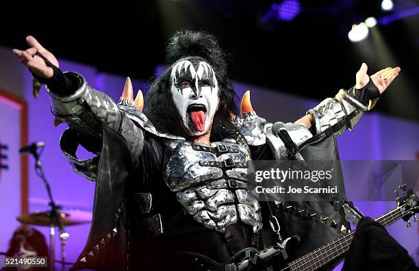 Musician Gene Simmons of KISS performs onstage during the 23rd Annual Race To Erase MS Gala at The Beverly Hilton Hotel on April 15, 2016 in Beverly...