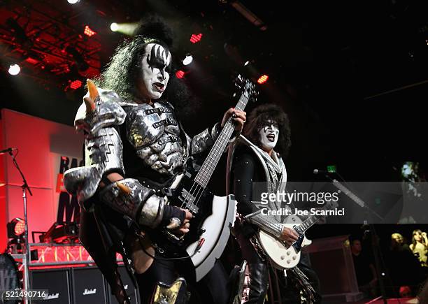 Musicians Gene Simmons and Tommy Thayer of KISS perform onstage during the 23rd Annual Race To Erase MS Gala at The Beverly Hilton Hotel on April 15,...