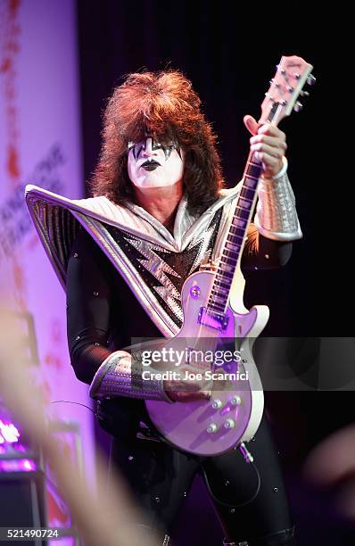 Musician Tommy Thayer performs onstage during the 23rd Annual Race To Erase MS Gala at The Beverly Hilton Hotel on April 15, 2016 in Beverly Hills,...