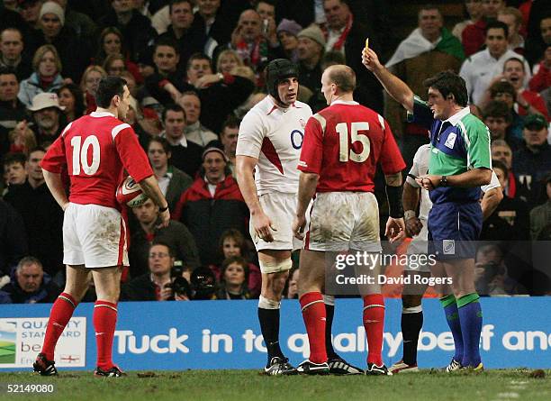 Danny Grewcock of England is shown the yellow card by referee Steve Walsh during the RBS Six Nations International between Wales and England at The...