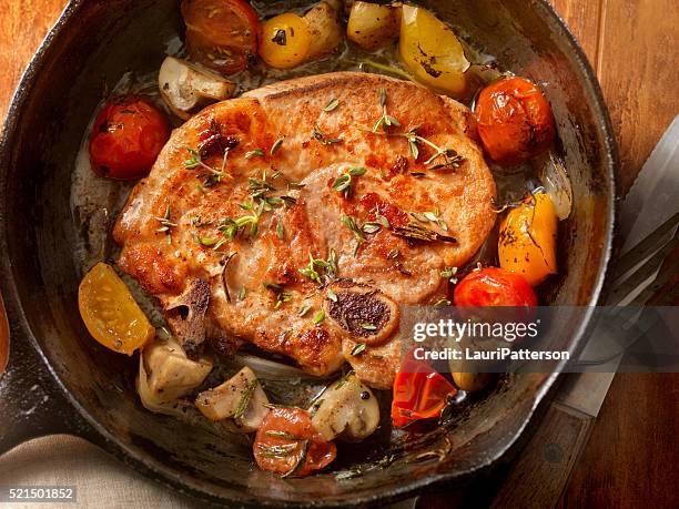 pork loin chops with tomatoes and mushrooms - loin stock pictures, royalty-free photos & images