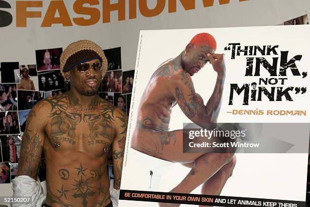 Former Basketball Player Dennis Rodman Unveils New Peta Ad during Fashion Week at Bryant Park on Feburary 7, 2005 in New York City.