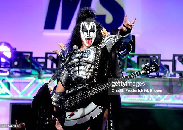 Musician Gene Simmons performs onstage during the 23rd Annual Race To Erase MS Gala at The Beverly Hilton Hotel on April 15, 2016 in Beverly Hills,...