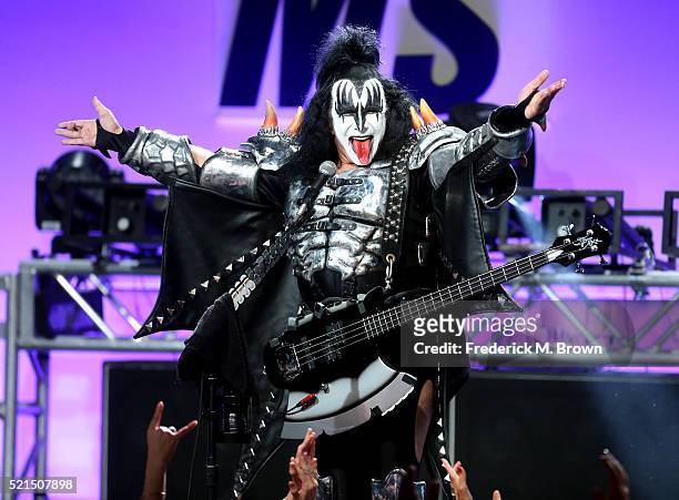 Musician Gene Simmons of KISS performs onstage during the 23rd Annual Race To Erase MS Gala at The Beverly Hilton Hotel on April 15, 2016 in Beverly...