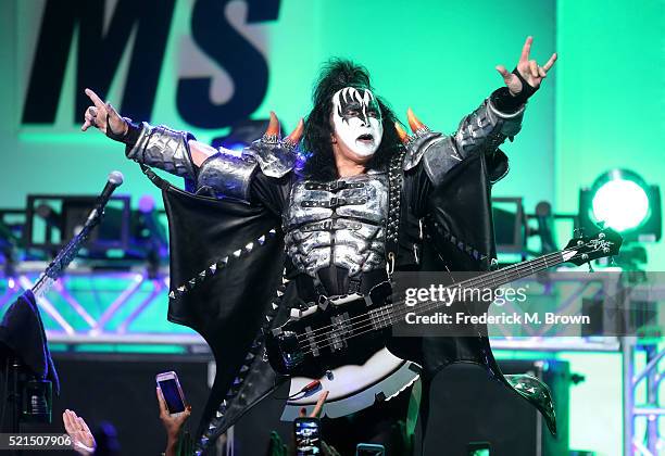 Musician Gene Simmons of KISS performs onstage during the 23rd Annual Race To Erase MS Gala at The Beverly Hilton Hotel on April 15, 2016 in Beverly...