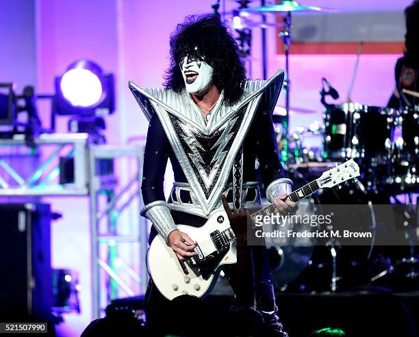 Musician Tommy Thayer of KISS performs onstage during the 23rd Annual Race To Erase MS Gala at The Beverly Hilton Hotel on April 15, 2016 in Beverly...