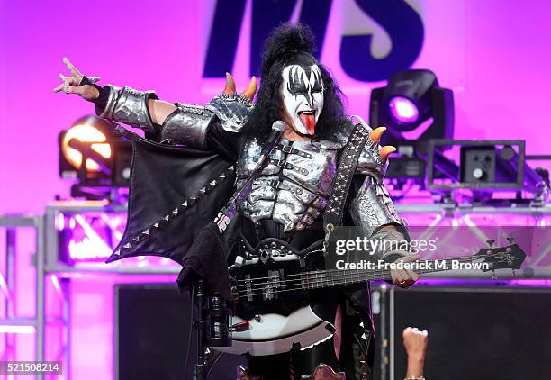 Musician Gene Simmons of KISS performs onstage during the 23rd Annual Race To Erase MS Gala at The Beverly Hilton Hotel on April 15, 2016 in Beverly...