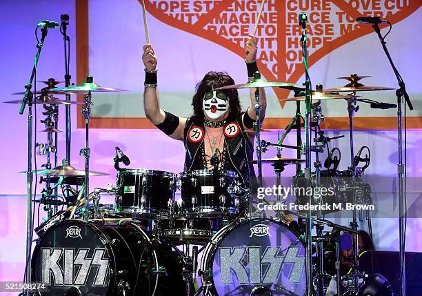 Musician Eric Singer of KISS performs onstage during the 23rd Annual Race To Erase MS Gala at The Beverly Hilton Hotel on April 15, 2016 in Beverly...