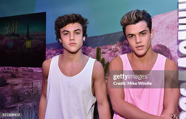 Internet personalities Ethan Dolan and Grayson Dolan attend the H&M Loves Coachella Pop UP at The Empire Polo Club on April 15, 2016 in Indio,...