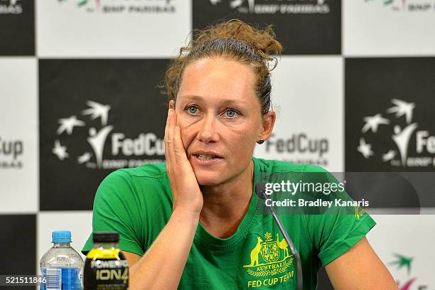 Samantha Stosur of Australia speaks at a press conference after her match against Christina McHale of the USA in the Fed Cup tie between Australia...