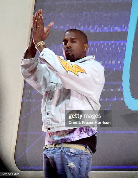 Hip-hop artist Kanye West performs with Jack U onstage during day 1 of the 2016 Coachella Valley Music & Arts Festival Weekend 1 at the Empire Polo...