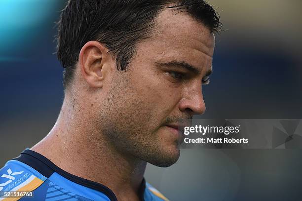 David Shillington of the Titans looks on during the round seven NRL match between the Gold Coast Titans and the St George Illawarra Dragons at Cbus...