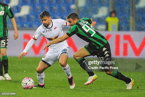 Tomás Eduardo and Rincón Hernández with André Grégoire Defrel Sassuolo's forward of French nationality during the Serie A football match between US...