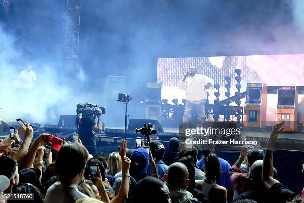 Hip-hop artist Kanye West performs onstage with rapper A$AP Rocky during day 1 of the 2016 Coachella Valley Music & Arts Festival Weekend 1 at the...