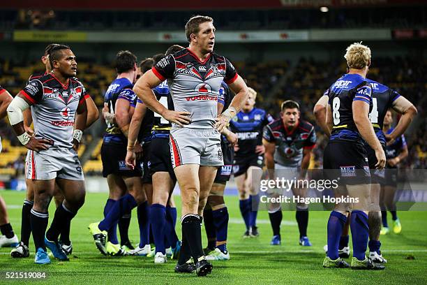 Ryan Hoffman of the Warriors looks on in disappointment after a Bulldogs try during the round seven NRL match between the Canterbury Bulldogs and the...