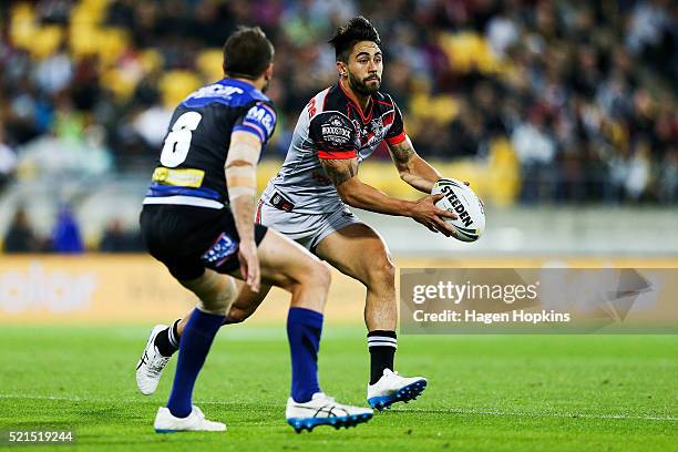 Shaun Johnson of the Warriors looks to pass during the round seven NRL match between the Canterbury Bulldogs and the New Zealand Warriors at Westpac...