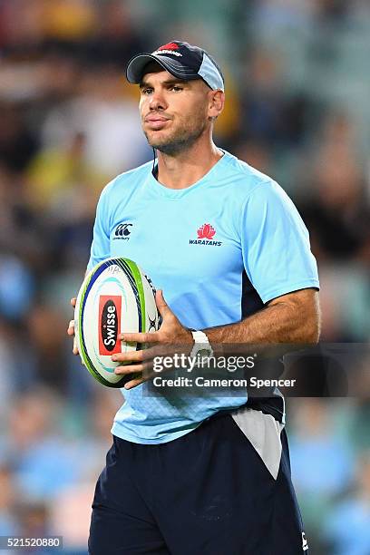 Waratahs assistant coach Nathan Grey looks on during the warm up prior to the round eight Super Rugby match between the Waratahs and the Brumbies at...