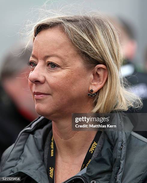 Sabine Kehm, managerin of Mick Schumacher, looks on during the second day of the ADAC Formula Four championship at Motorsport Arena Oschersleben on...