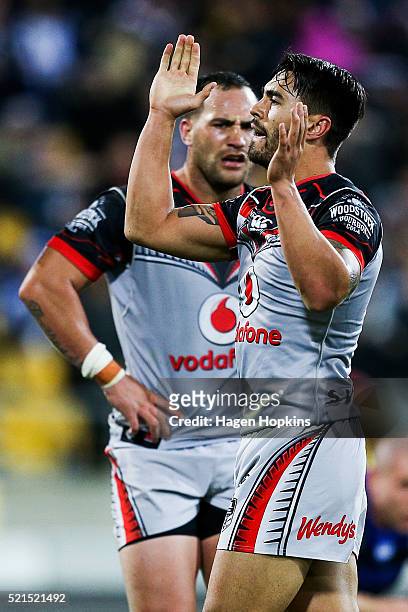 Shaun Johnson of the Warriors celebrates the win during the round seven NRL match between the Canterbury Bulldogs and the New Zealand Warriors at...