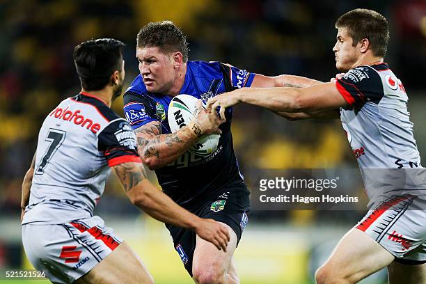 Greg Eastwood of the Bulldogs on attack during the round seven NRL match between the Canterbury Bulldogs and the New Zealand Warriors at Westpac...