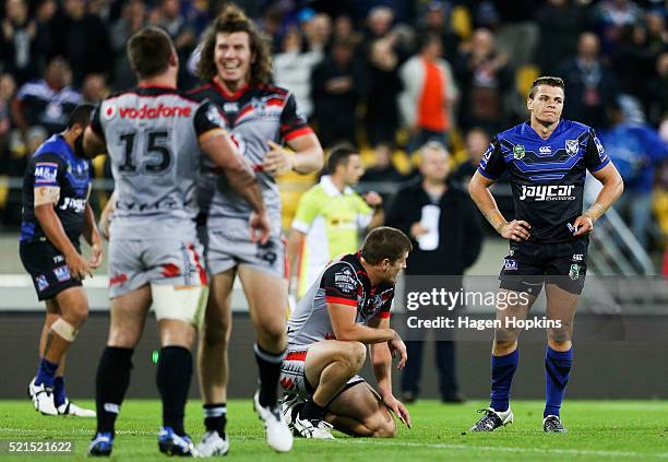 Kerrod Holland of the Bulldogs looks dejected after the final whistle during the round seven NRL match between the Canterbury Bulldogs and the New...