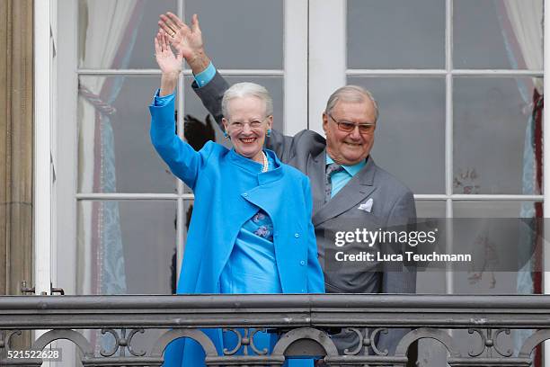 Queen Margrethe II of Denmark and husband Henrik, Prince Consort of Denmark attend the celebrations of her Majesty's 76th birthday at Amalienborg...